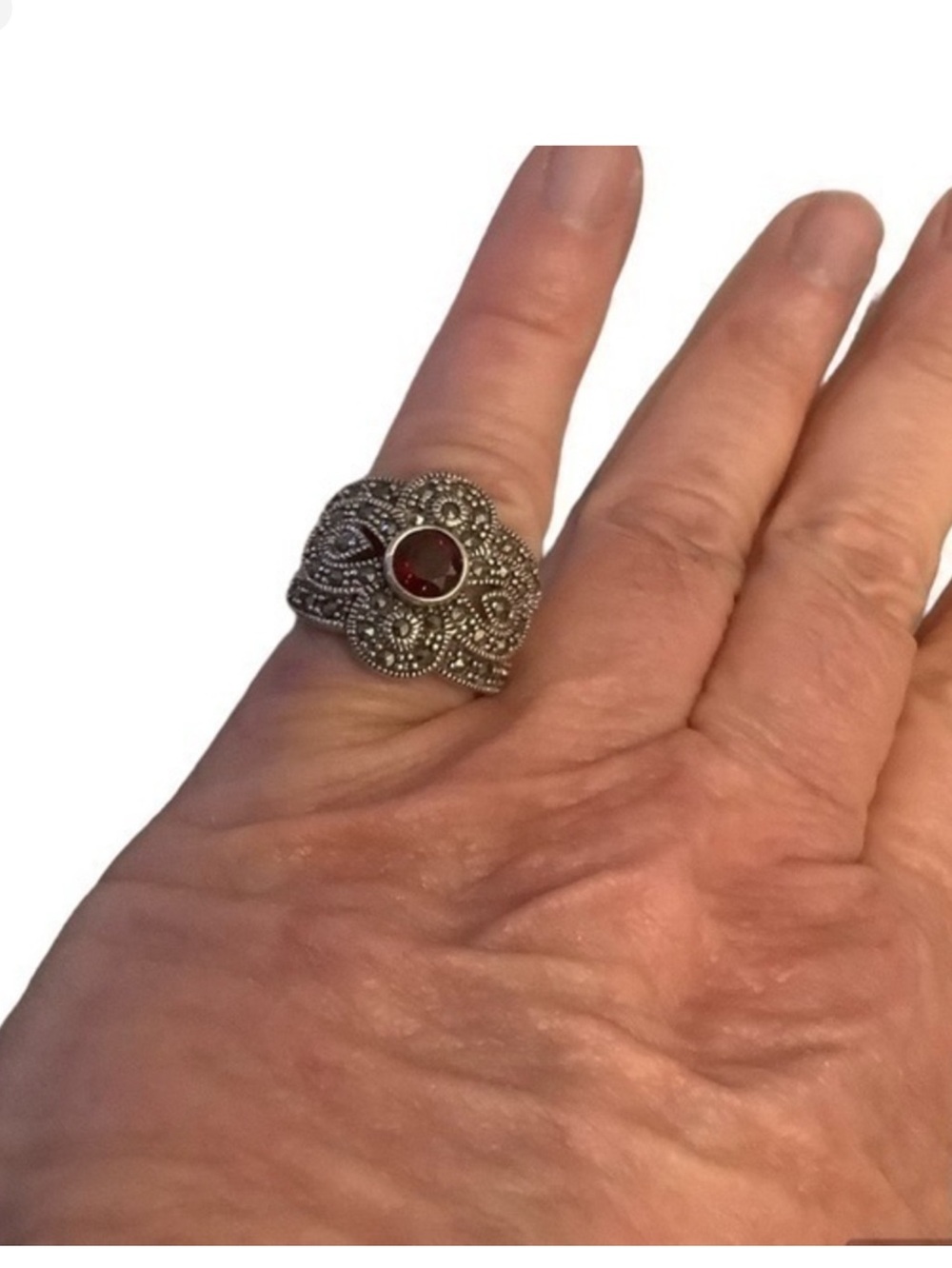Red Garnet Marcasite Cocktail Ring – Sterling Silver